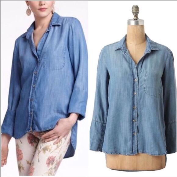 Anthropologie Tops - ANTHROPOLOGIE Blue Denim Chambray Washed Long Sleeve Tencel Button Shirt Top S